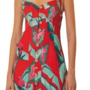FARM Rio Red Tropical Backless Button-Front Dress